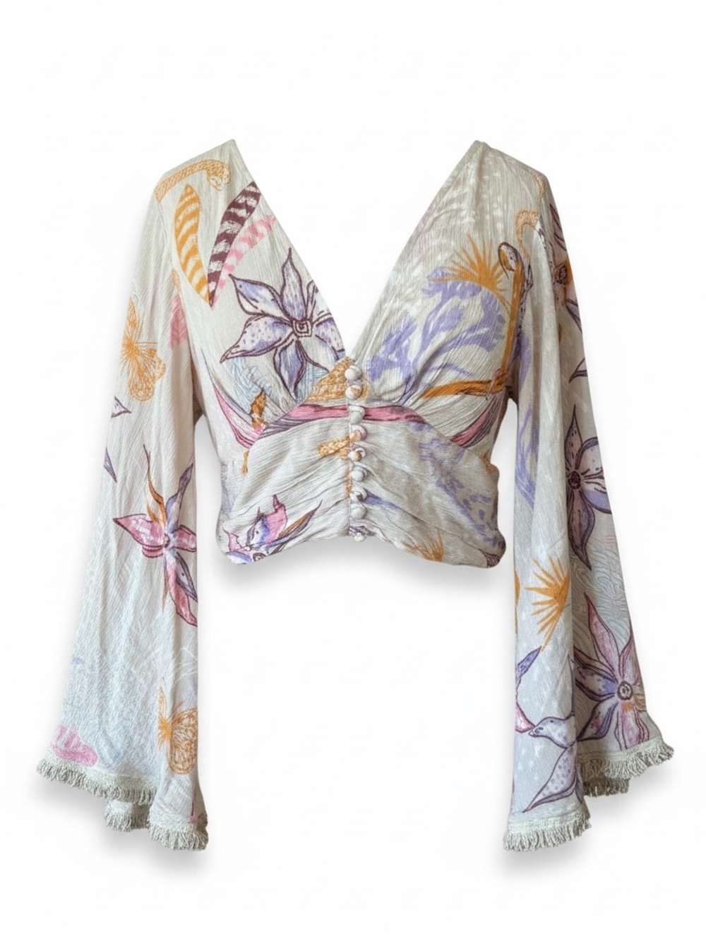 Z&L Floral V-Neck Bell Sleeve Crop Top Amazonia in Cream Sz Medium NWT